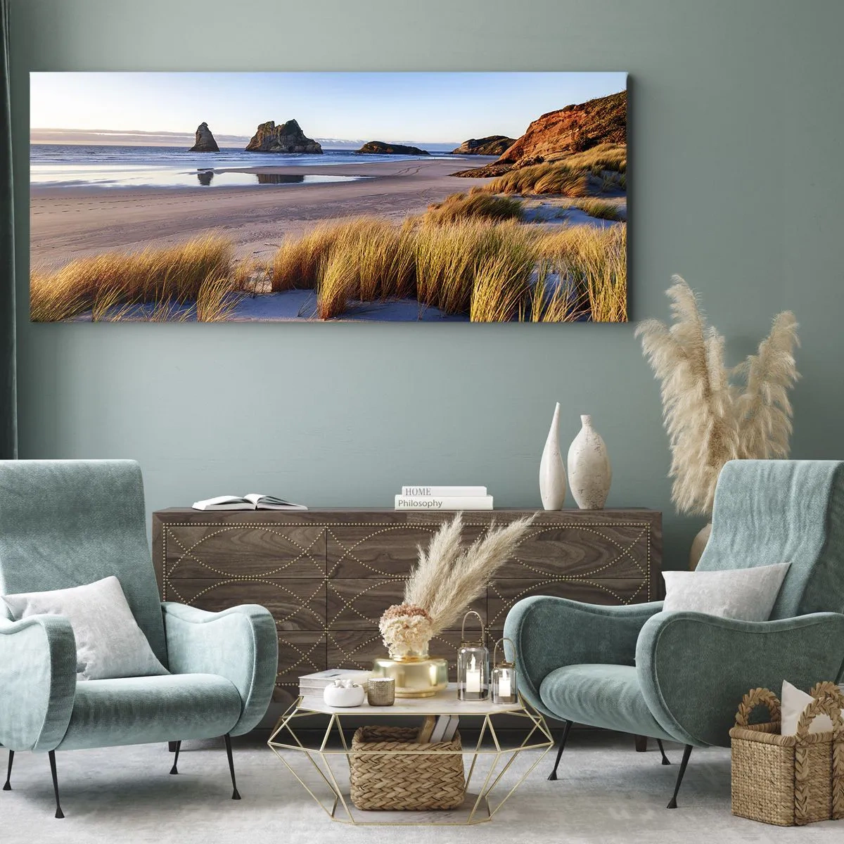 Bild auf Leinwand - Leinwandbild - Ein malerischer Strand mit Blick auf die Felsen und das Meer bei Sonnenuntergang - 120x50cm - Für Friedenssuchende - Moderne Wanddekoration für Wohnzimmer und Schlafzimmer ARTTOR