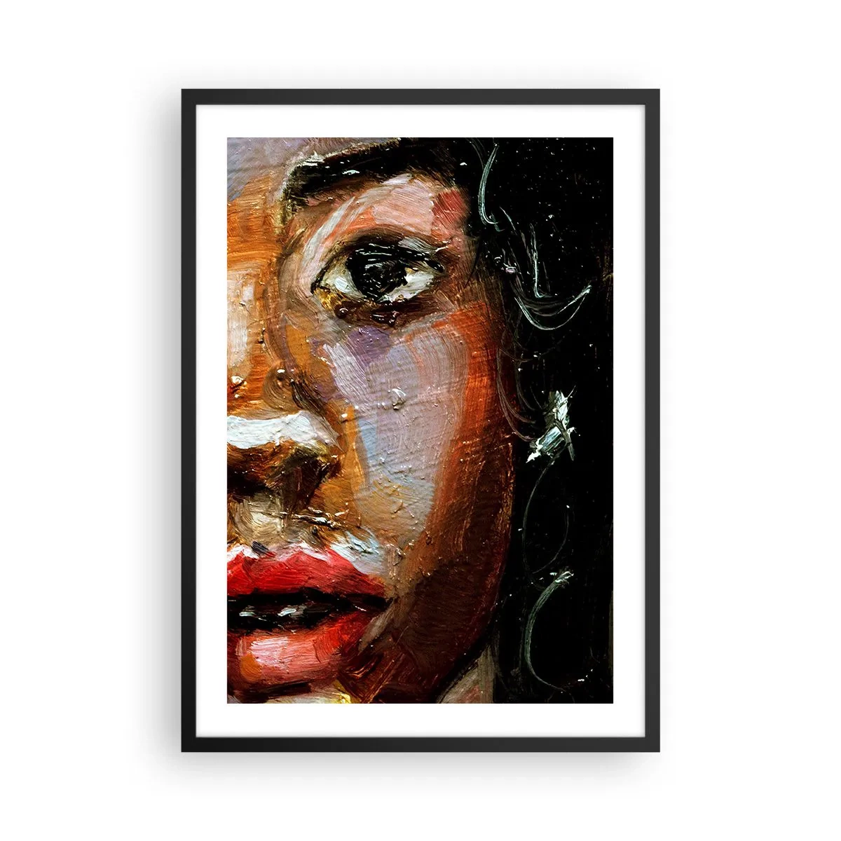 Poster in einem schwarzem Rahmen - Ein abstraktes Porträt einer Frau in intensiven Farben mit ausdrucksstarkem Blick. - 50x70cm - Schwarz und Glanz - Moderne Wanddekoration für Wohnzimmer und Schlafzimmer ARTTOR
