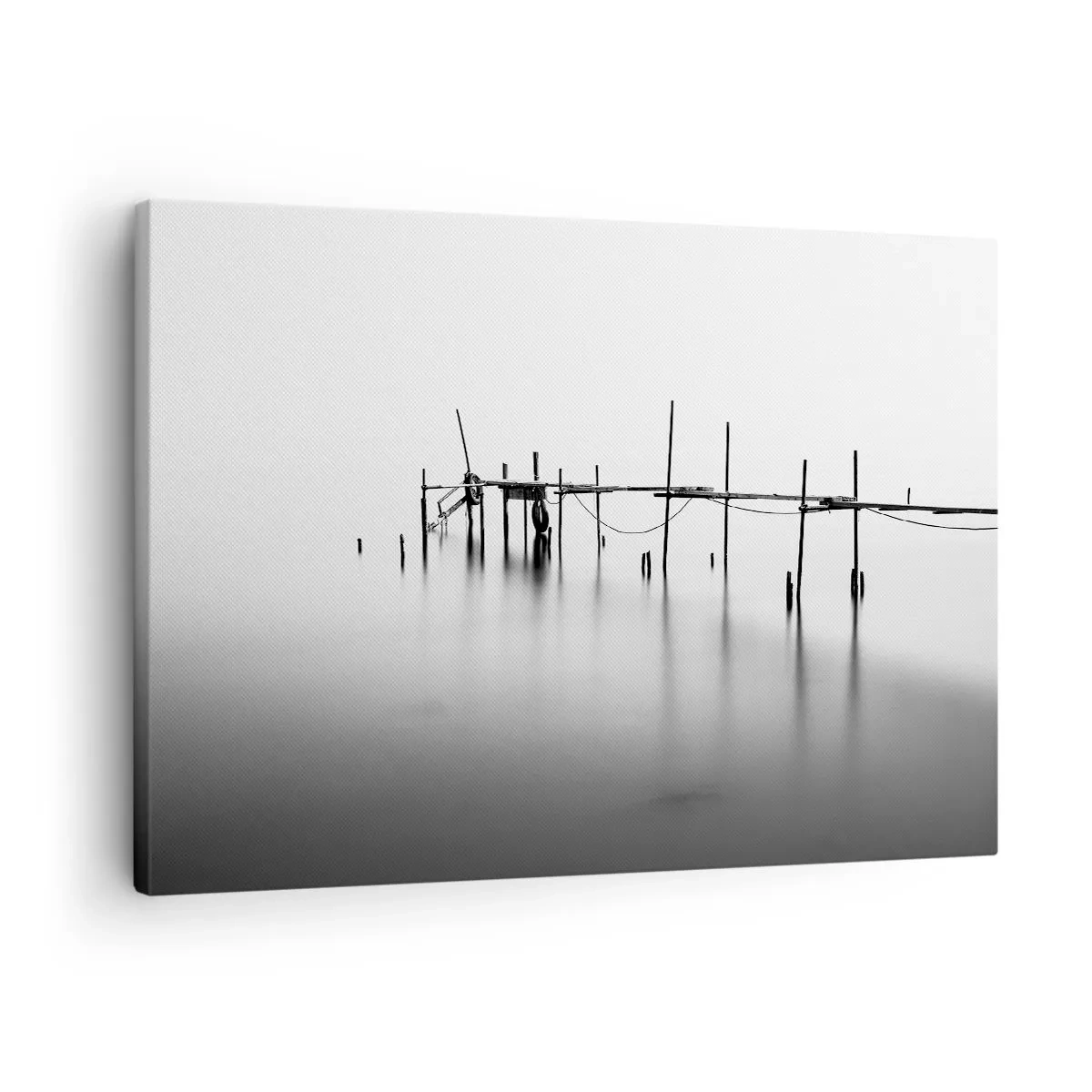 Bild auf Leinwand - Leinwandbild - Ein schwarz-weißer Steg inmitten einer nebligen Landschaft - 70x50cm - Was ist, wenn es keine Welt gibt? - Moderne Wanddekoration für Wohnzimmer und Schlafzimmer ARTTOR