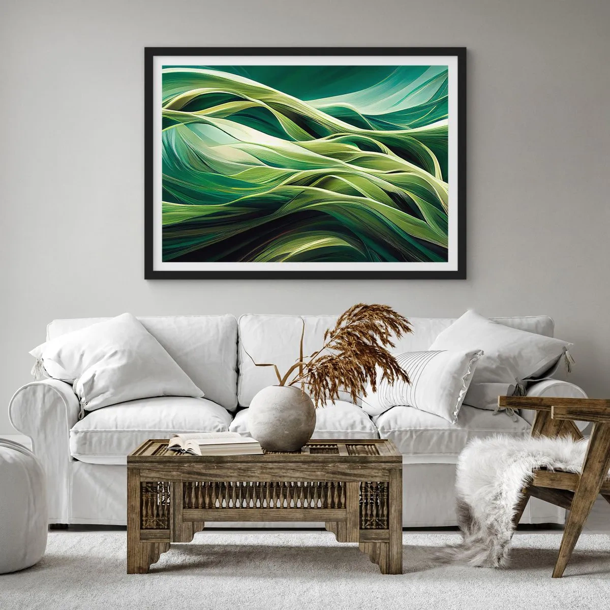 Poster in einem schwarzem Rahmen - Dynamische Linien in Grüntönen - 70x50cm - Abstraktes grünes Spiel - Moderne Wanddekoration für Wohnzimmer und Schlafzimmer ARTTOR