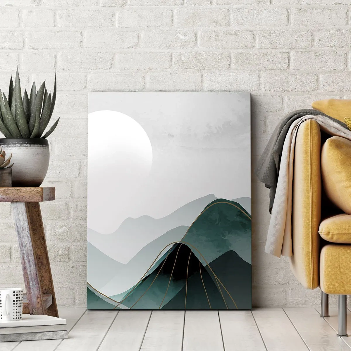 Bild auf Leinwand - Leinwandbild - Abstrakte Berglandschaft mit Mond und goldenen Linien - 70x100cm - In voller Majestät - Moderne Wanddekoration für Wohnzimmer und Schlafzimmer ARTTOR