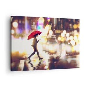Bild auf Leinwand - Leinwandbild - Eine Figur mit einem roten Regenschirm auf der Straße im Regen - 70x50cm - Und doch sonnig - Moderne Wanddekoration für Wohnzimmer und Schlafzimmer ARTTOR