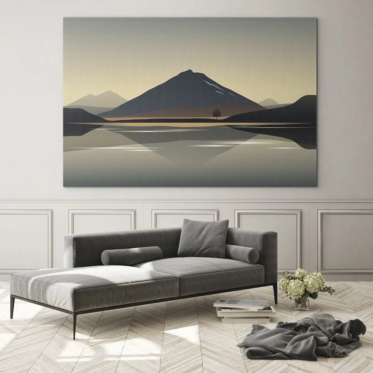 Glasbild - Bild auf glas - Berge und See in warmen Tönen mit reflektierendem Effekt - 120x80cm - Spiegelreflexion - Moderne Wanddekoration für Wohnzimmer und Schlafzimmer ARTTOR