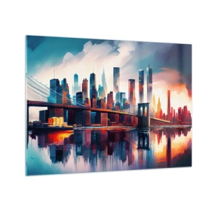Glasbild - Bild auf glas - Panorama der Stadt mit einer Brücke vor dem bunten Himmel und Spiegelung im Wasser - 70x50cm - Traumhaftes New York - Moderne Wanddekoration für Wohnzimmer und Schlafzimmer ARTTOR