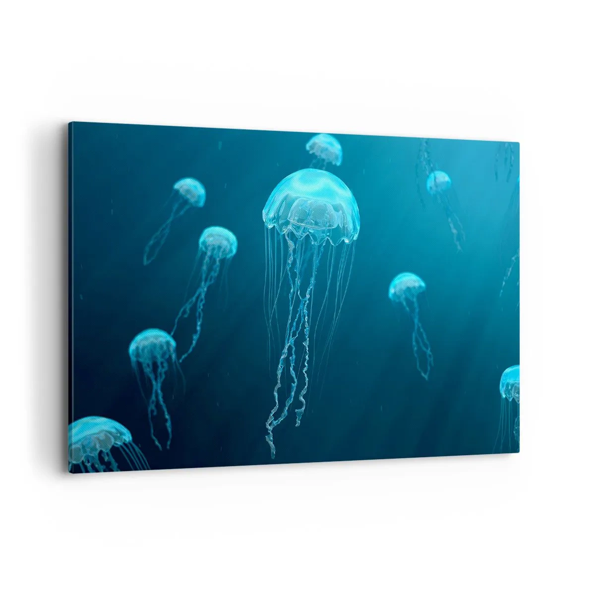 Bild auf Leinwand - Leinwandbild - Quallen schwimmen in den Tiefen des Ozeans in Blautönen - 100x70cm - Ozeantanz - Moderne Wanddekoration für Wohnzimmer und Schlafzimmer ARTTOR