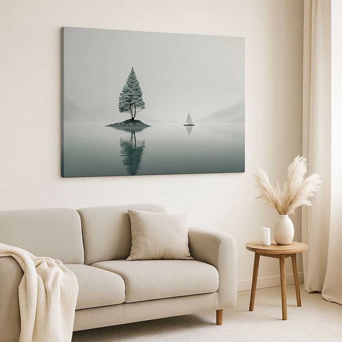Bild auf Leinwand - Leinwandbild - Eine minimalistische Landschaft mit einem Baum auf einer Insel und einem Segelboot. - 70x50cm - Traum - Moderne Wanddekoration für Wohnzimmer und Schlafzimmer ARTTOR