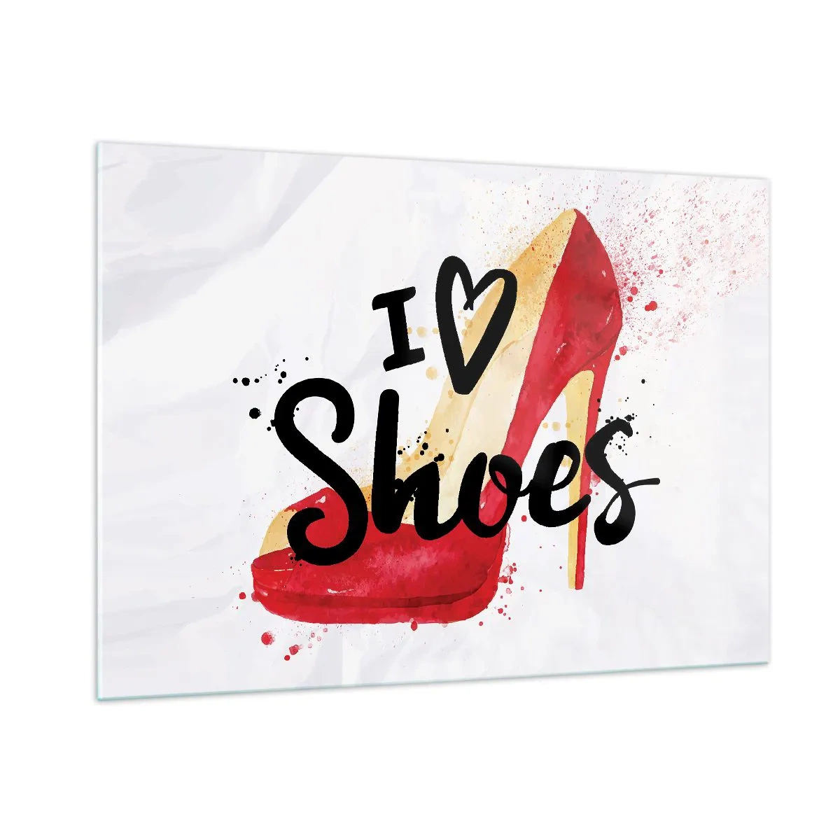 Glasbild - Bild auf glas - Ein roter High Heel und die Worte „I love shoes“ auf hellem Hintergrund - 100x70cm - Liebe hat viele Namen - Moderne Wanddekoration für Wohnzimmer und Schlafzimmer ARTTOR