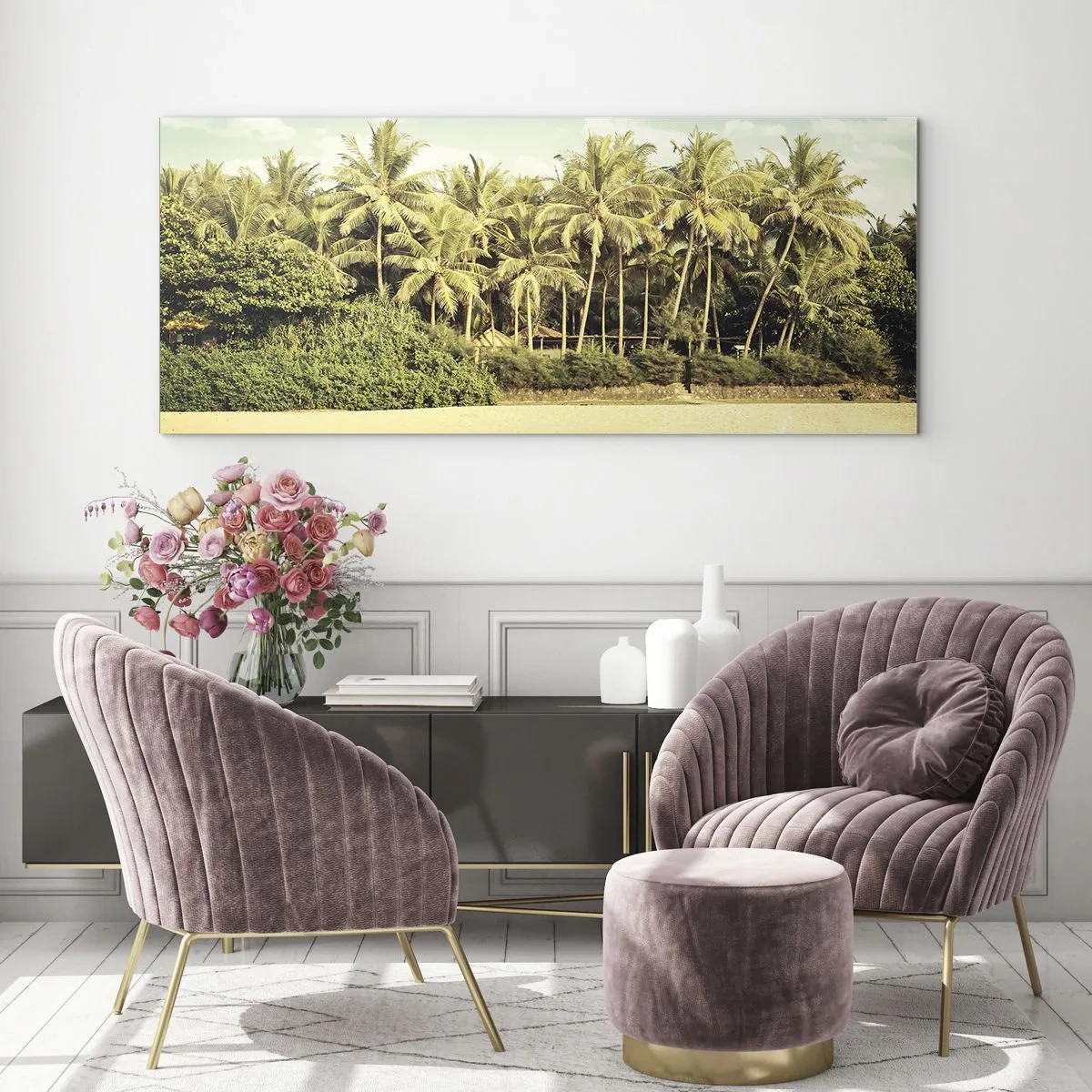 Glasbild - Bild auf glas - Tropischer Strand mit Palmen und türkisfarbenem Meer - 120x50cm - Wie wäre es hier? - Moderne Wanddekoration für Wohnzimmer und Schlafzimmer ARTTOR