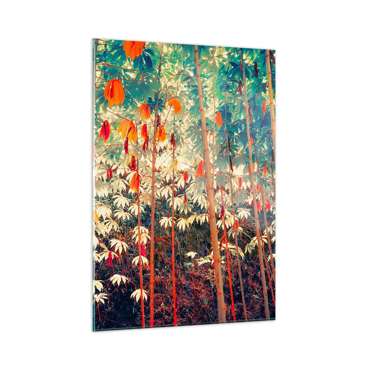 Glasbild - Bild auf glas - Farbenfroher Bambuswald mit warmer Beleuchtung - 50x70cm - Das geheime Leben der Blätter - Moderne Wanddekoration für Wohnzimmer und Schlafzimmer ARTTOR