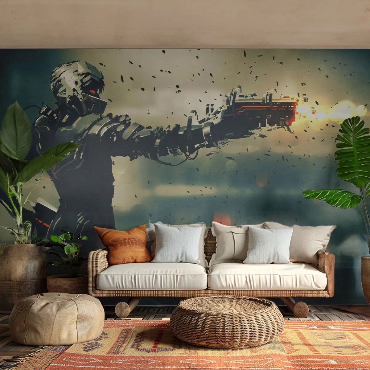 Fototapete Premium Sand - Tödliche Waffe - Dein ganz eigener Terminator - Abstraktion, Fantasie, Zukünftiger Krieger - 300x210 cm