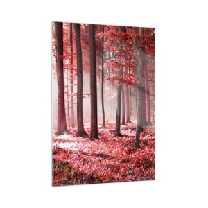 Glasbild - Bild auf glas - Herbstwald in roten Farben und Morgennebel - 50x70cm - Rot ist genauso schön - Moderne Wanddekoration für Wohnzimmer und Schlafzimmer ARTTOR