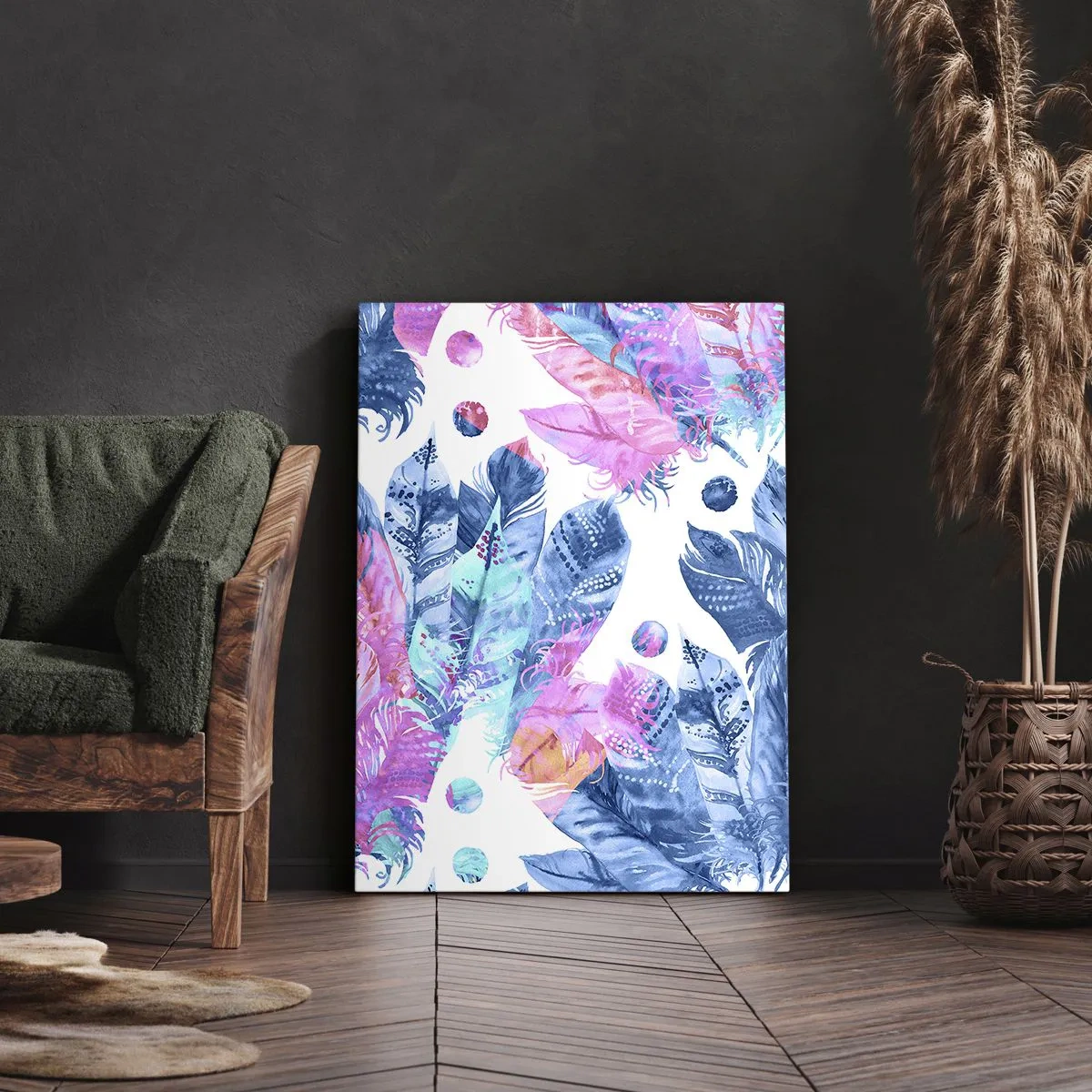 Bild auf Leinwand - Leinwandbild - Abstraktes Muster mit bunten Federn in Pastelltönen - 50x70cm - Pflaumen in Pink und Blau - Moderne Wanddekoration für Wohnzimmer und Schlafzimmer ARTTOR