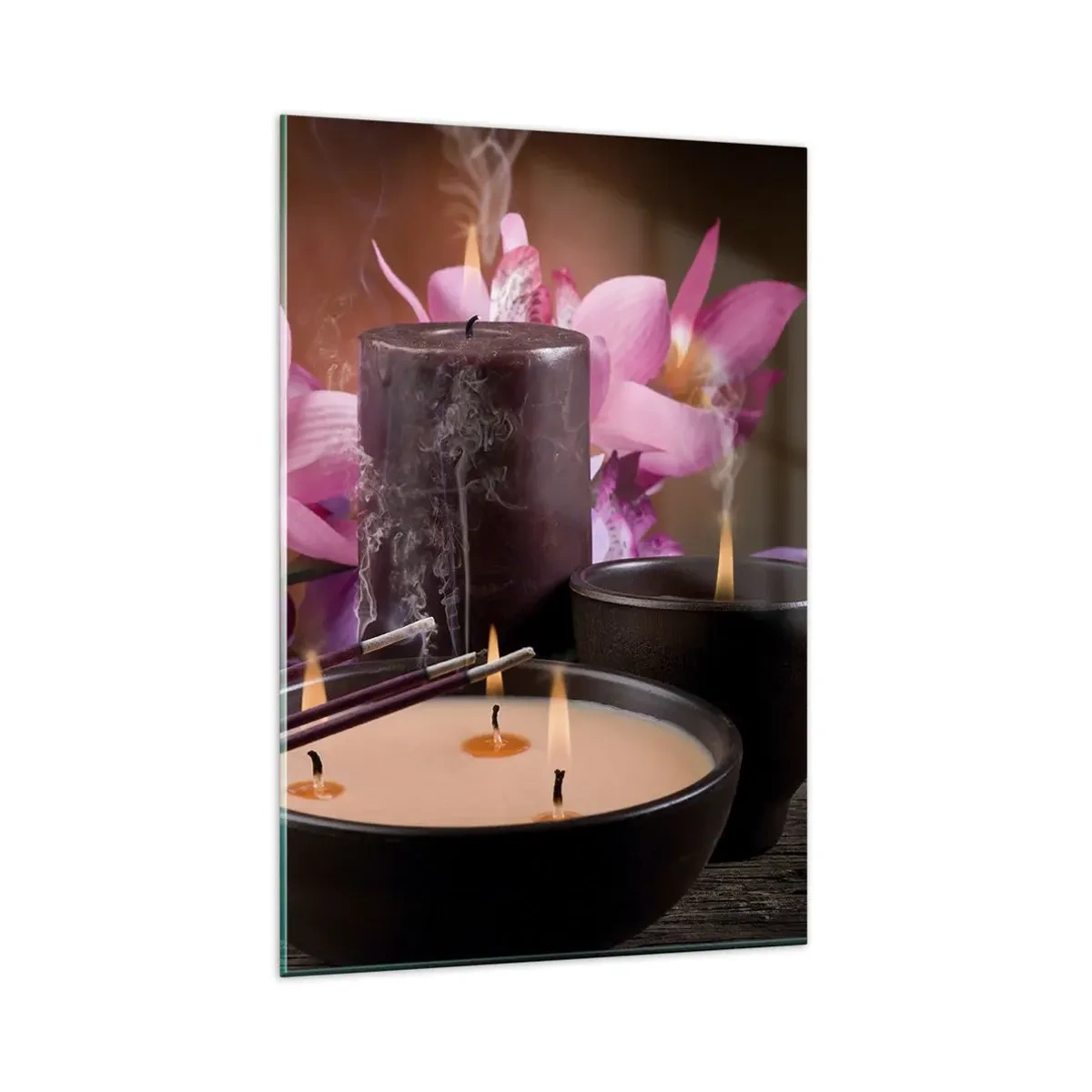 Glasbild - Bild auf glas - Buddha-Figur mit brennenden Kerzen und Räucherstäbchen - 80x120cm - Den Geist frei machen, den Körper beruhigen - Moderne Wanddekoration für Wohnzimmer und Schlafzimmer ARTTOR