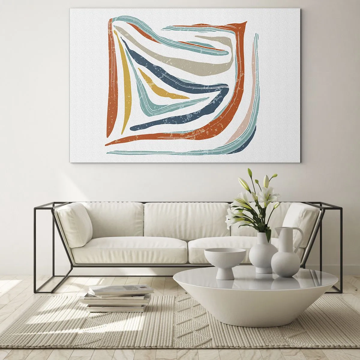 Glasbild - Bild auf glas - Bunte Streifen erzeugen eine dynamische Abstraktion auf weißem Hintergrund - 120x80cm - Abstraktion mit einem freundlichen Lächeln - Moderne Wanddekoration für Wohnzimmer und Schlafzimmer ARTTOR