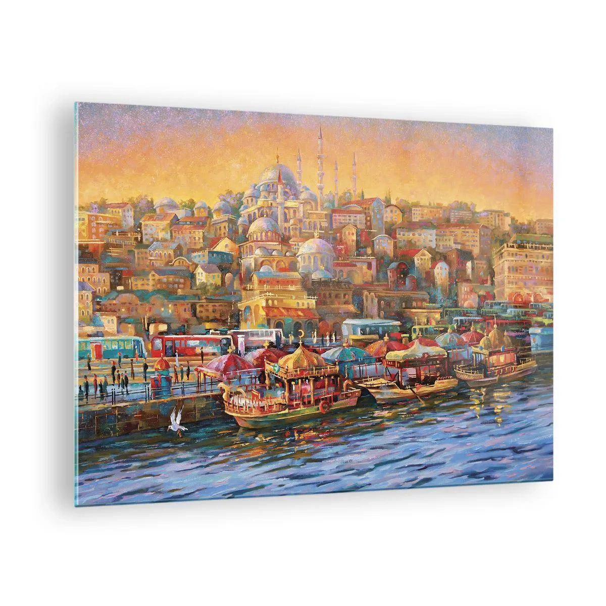 Glasbild - Bild auf glas - Ein farbenfroher Hafen mit Booten und einem Stadtpanorama bei Sonnenuntergang - 70x50cm - Istanbuler Geschichte - Moderne Wanddekoration für Wohnzimmer und Schlafzimmer ARTTOR