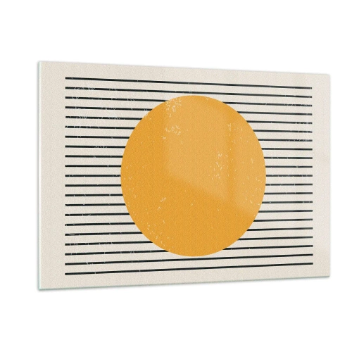 Glasbild - Bild auf glas - Ein orangefarbener Kreis vor einem Hintergrund aus horizontalen schwarzen Linien auf beigem Untergrund. - 120x80cm - Die Kraft der Einfachheit - Moderne Wanddekoration für Wohnzimmer und Schlafzimmer ARTTOR