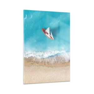 Glasbild - Bild auf glas - Ein Segelboot auf dem azurblauen Meer an einem Sandstrand - 50x70cm - An der Grenze von Blau und Gold - Moderne Wanddekoration für Wohnzimmer und Schlafzimmer ARTTOR