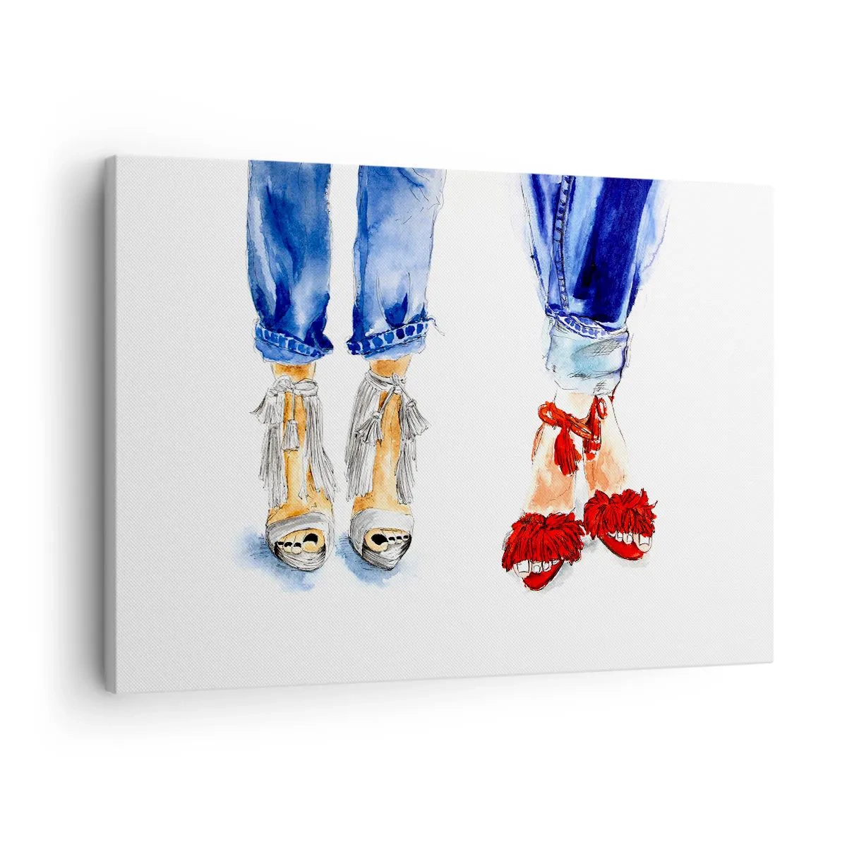 Bild auf Leinwand - Leinwandbild - Abbildung von zwei Paar Schuhen in stylischen Sandalen und Jeans - 70x50cm - Vielleicht gehen wir spazieren? - Moderne Wanddekoration für Wohnzimmer und Schlafzimmer ARTTOR