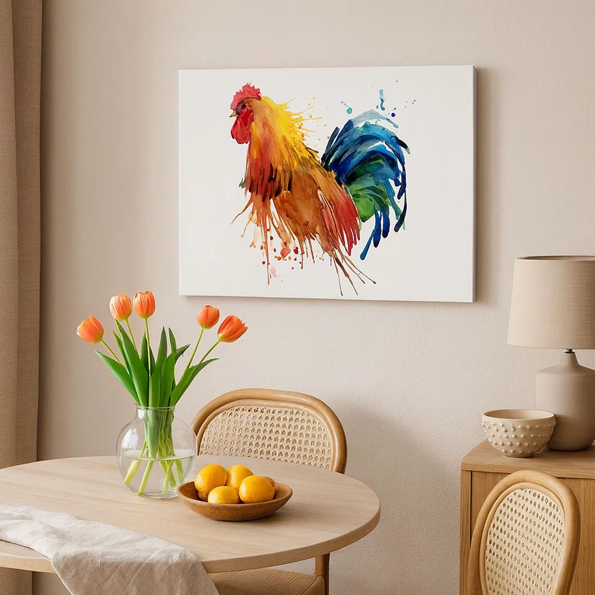 Bild auf Leinwand - Leinwandbild - Bunter Hahn im Aquarellstil - 70x50cm - Königliches Gewand, königlicher Stolz - Moderne Wanddekoration für Wohnzimmer und Schlafzimmer ARTTOR