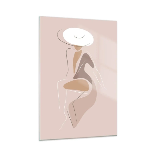 Glasbild - Bild auf glas - Silhouette einer Frau mit Hut auf beigem Hintergrund - 50x70cm - Eine Dame sein - Moderne Wanddekoration für Wohnzimmer und Schlafzimmer ARTTOR