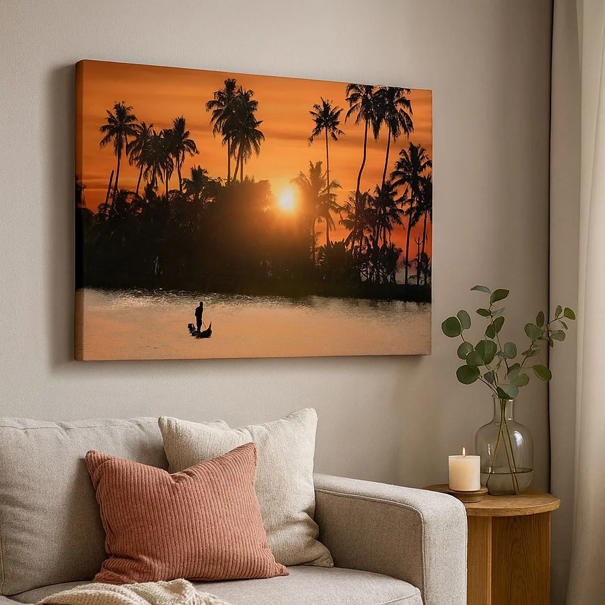 Bild auf Leinwand - Leinwandbild - Sonnenuntergang über Palmen und einem ruhigen See mit einem Boot - 70x50cm - Zeit zum Entspannen - Moderne Wanddekoration für Wohnzimmer und Schlafzimmer ARTTOR