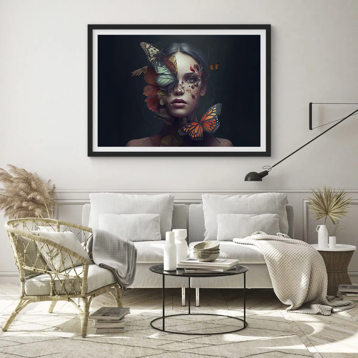 Poster in einem schwarzem Rahmen - Porträt einer Frau mit Schmetterlingen und Pflanzenelementen - 70x50cm - Wunderbare Metamorphose - Moderne Wanddekoration für Wohnzimmer und Schlafzimmer ARTTOR