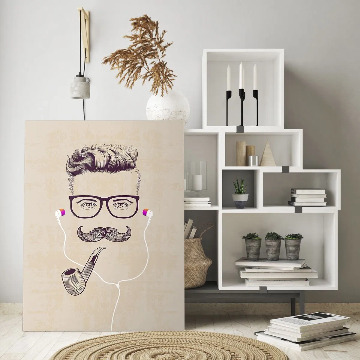 Glasbild - Bild auf glas - Eine Zeichnung eines stilisierten Mannes mit Brille, Schnurrbart und Pfeife. - 50x70cm - Ein echter Mann? - Moderne Wanddekoration für Wohnzimmer und Schlafzimmer ARTTOR
