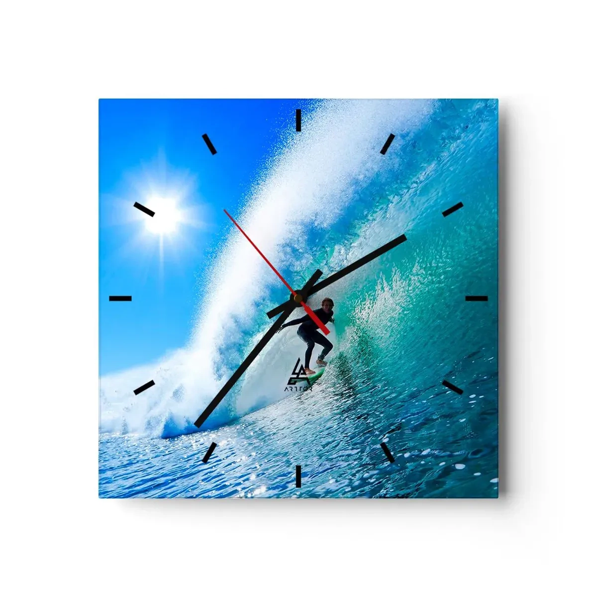 Wanduhr - Glasuhr - Ein Surfer auf einem Brett reitet unter blauem Himmel auf einer starken Welle. - 30x30cm - Durch das große Blau - Moderne Wanddekoration für Wohnzimmer und Schlafzimmer ARTTOR