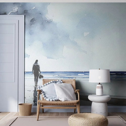 Selbstklebende Fototapete Deluxe Sticker - Gespräch mit dem Meer - Einsam, Mann, Küste - 250x175 cm