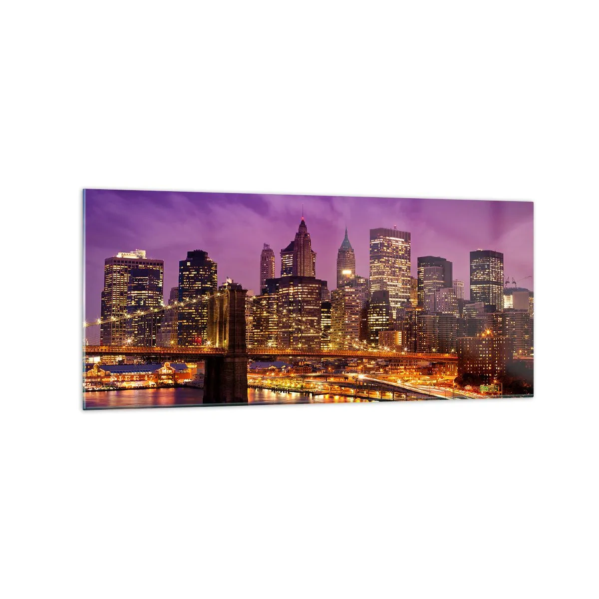 Glasbild - Bild auf glas - Panorama der Stadt mit der Brücke im Abendlicht vor dem violetten Himmel - 120x50cm - Violett-goldenes Manhathann - Moderne Wanddekoration für Wohnzimmer und Schlafzimmer ARTTOR