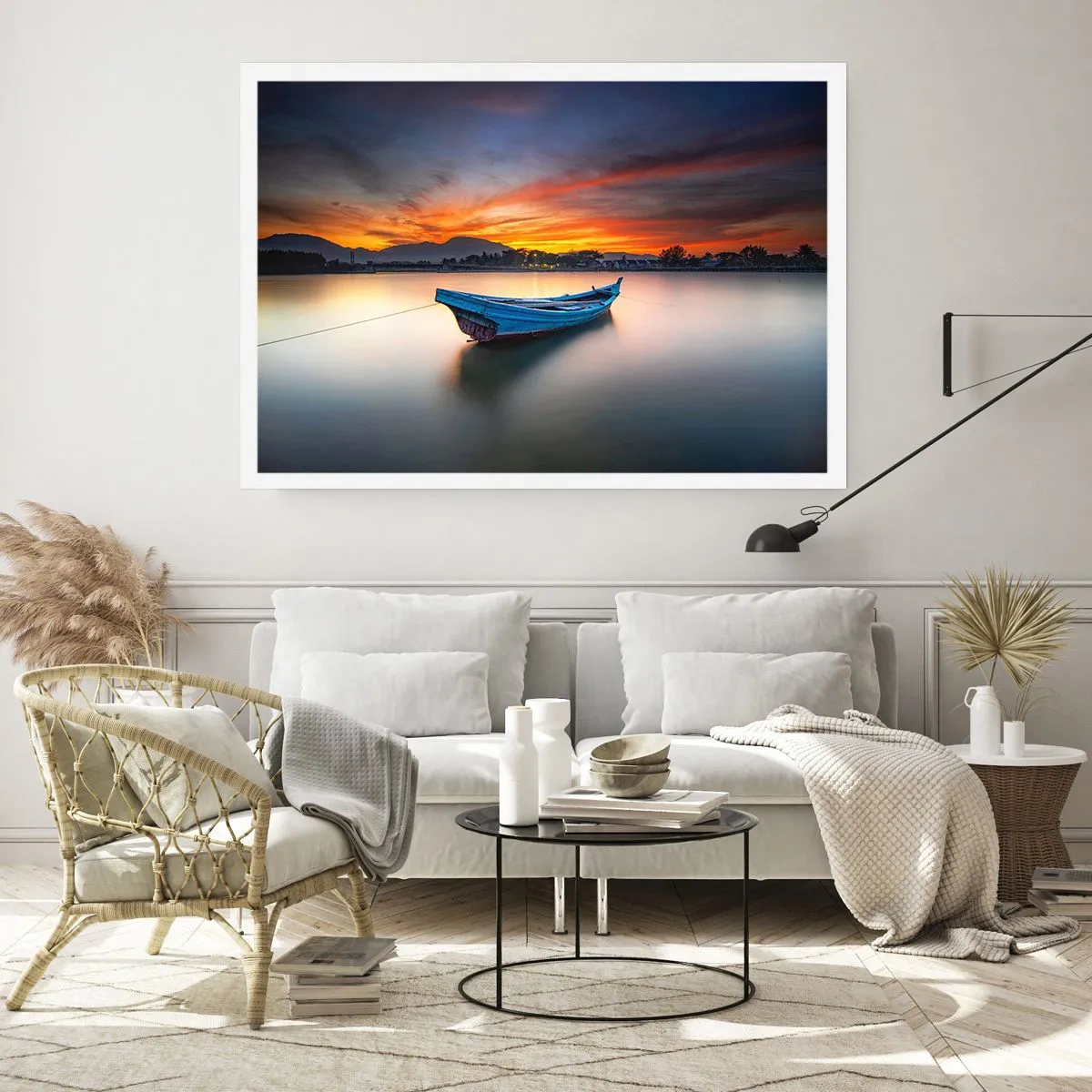 Poster - Ein Boot auf dem Wasser während eines malerischen Sonnenuntergangs - 100x70cm - Eine gute Nacht kommt - Moderne Wanddekoration für Wohnzimmer und Schlafzimmer ARTTOR