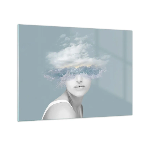 Glasbild - Bild auf glas - Das Gesicht einer Frau verschmilzt in einer surrealen Vision mit Himmel und Wolken. - 70x50cm - Mit dem Kopf in den Wolken - Moderne Wanddekoration für Wohnzimmer und Schlafzimmer ARTTOR