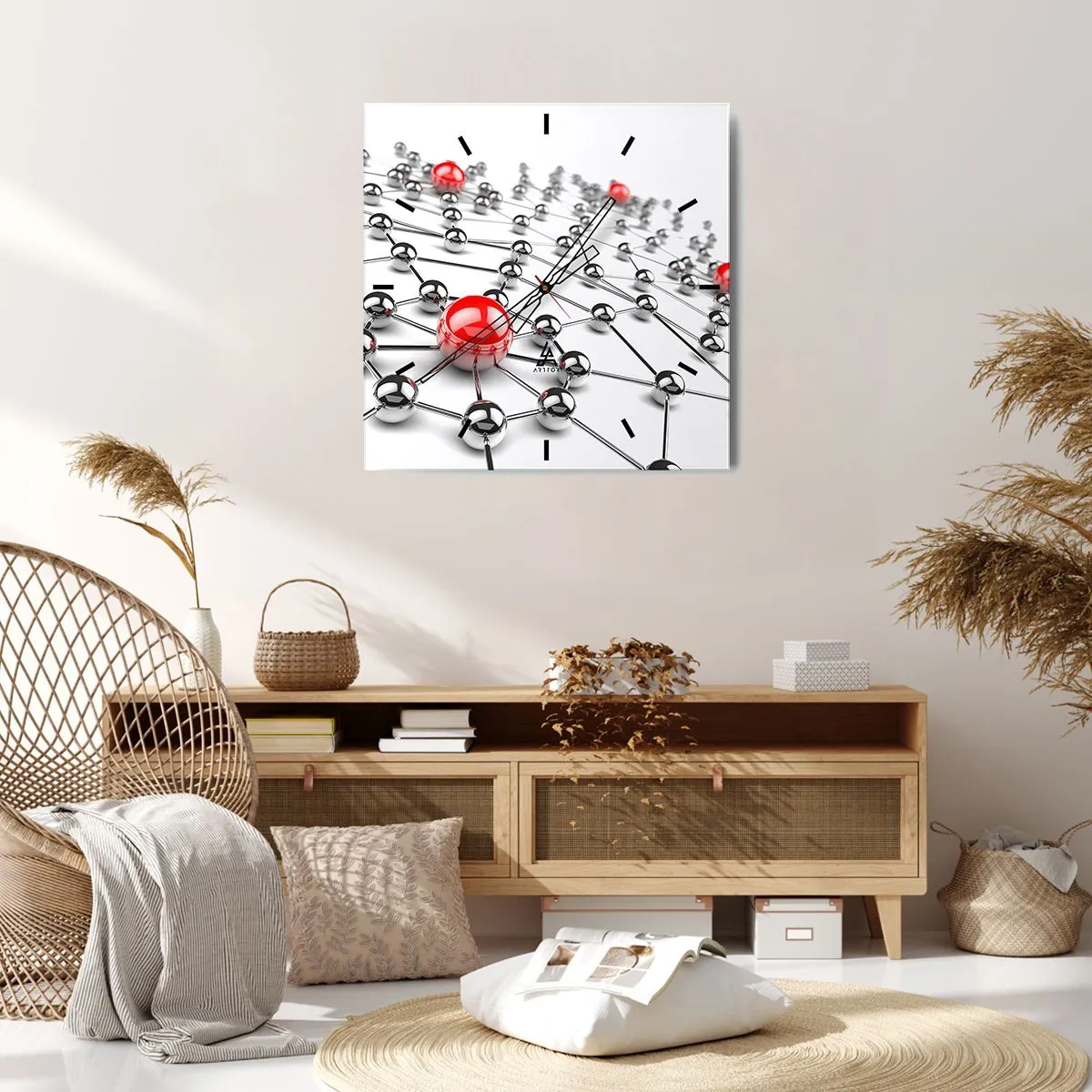 Wanduhr - Glasuhr - Ein Netzwerk aus metallischen Kugeln mit roten Akzenten - 30x30cm - Silbriges Netz - Moderne Wanddekoration für Wohnzimmer und Schlafzimmer ARTTOR