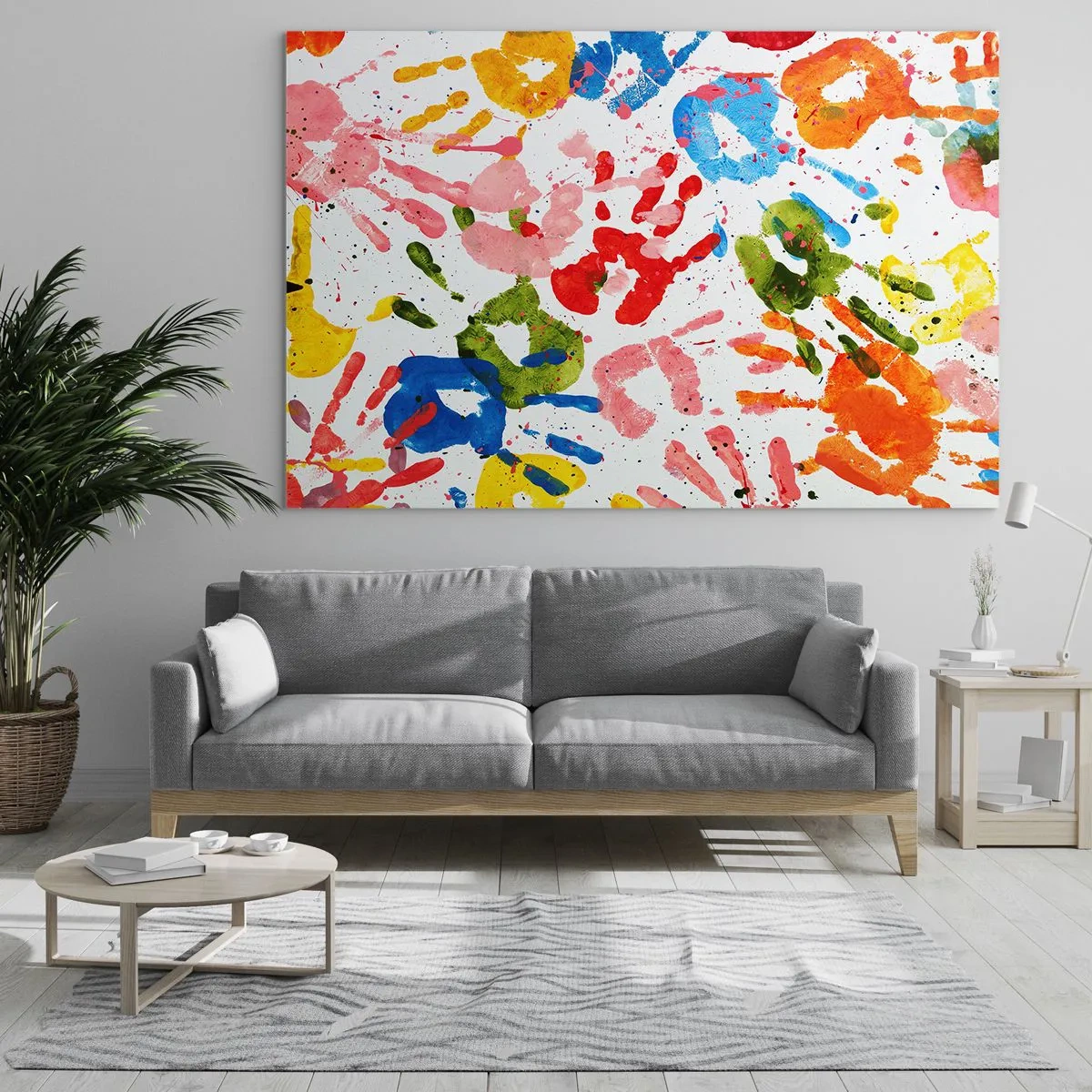 Glasbild - Bild auf glas - Bunte Handabdrücke auf weißem Hintergrund - 120x80cm - Folgen Sie den Spuren - Moderne Wanddekoration für Wohnzimmer und Schlafzimmer ARTTOR