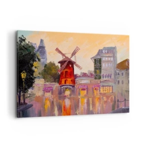 Bild auf Leinwand - Leinwandbild - Die rote Windmühle des Moulin Rouge, umgeben von der Stadtlandschaft - 100x70cm - Pariser Ikonen – Moulin Rouge - Moderne Wanddekoration für Wohnzimmer und Schlafzimmer ARTTOR