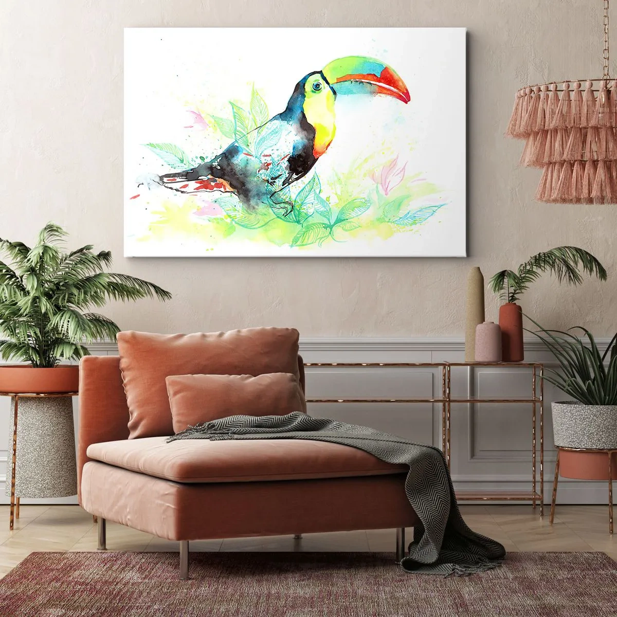 Bild auf Leinwand - Leinwandbild - Aquarell-Illustration eines Tukans auf tropischem Hintergrund - 70x50cm - So bunt wie Südamerika - Moderne Wanddekoration für Wohnzimmer und Schlafzimmer ARTTOR