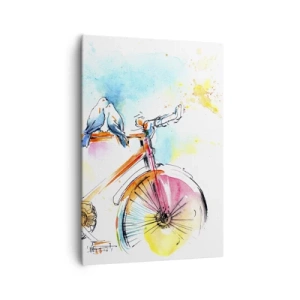 Bild auf Leinwand - Leinwandbild - Buntes Aquarell eines Fahrrads mit darauf sitzenden Vögeln - 70x100cm - Fahrrad für zwei - Moderne Wanddekoration für Wohnzimmer und Schlafzimmer ARTTOR