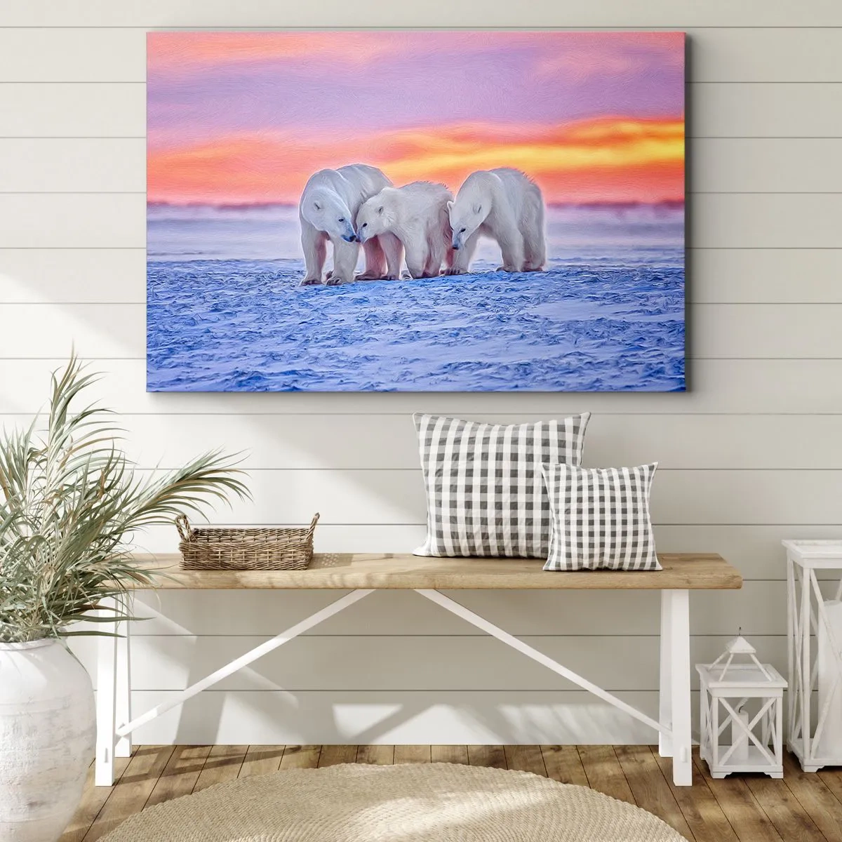 Bild auf Leinwand - Leinwandbild - Drei Eisbären vor dem Hintergrund eines arktischen Sonnenuntergangs - 120x80cm - Familienwärme ist genug - Moderne Wanddekoration für Wohnzimmer und Schlafzimmer ARTTOR