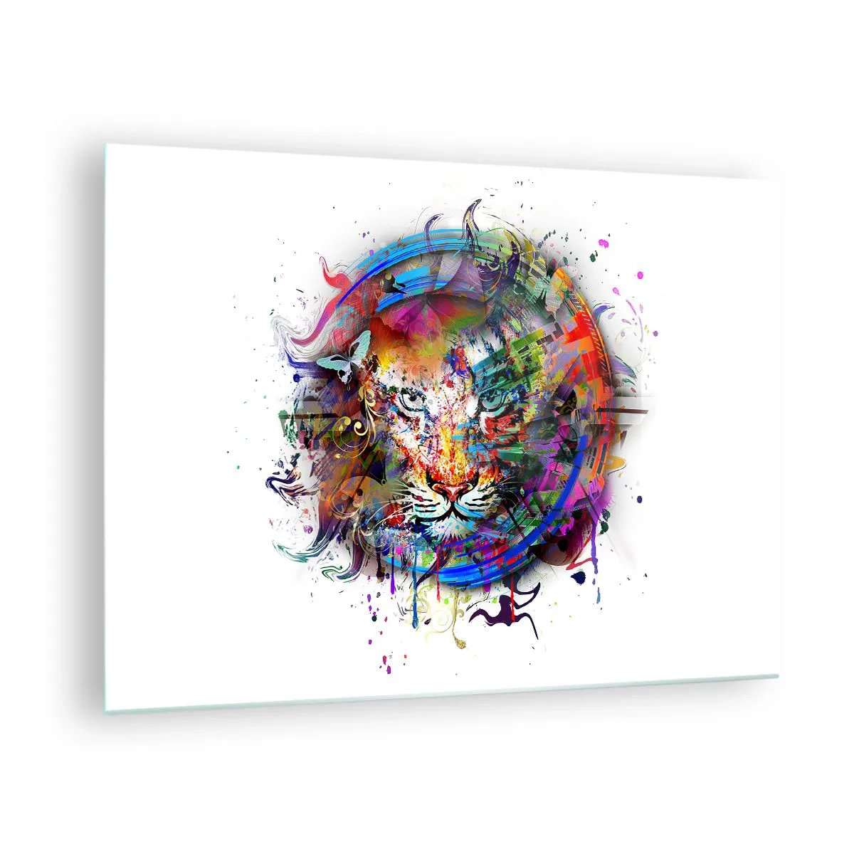 Glasbild - Bild auf glas - Farbenfrohes Löwenporträt im künstlerischen Stil mit abstrakten Akzenten - 70x50cm - Es lauert hinter einem Regenbogenschleier - Moderne Wanddekoration für Wohnzimmer und Schlafzimmer ARTTOR