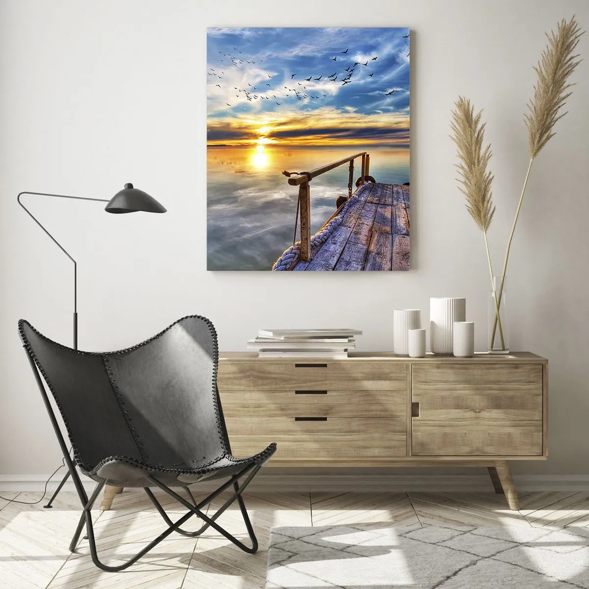Glasbild - Bild auf glas - Lakeside Pier bei Sonnenuntergang mit Vögeln am Himmel - 50x70cm - Der Wind geht zur Ruhe - Moderne Wanddekoration für Wohnzimmer und Schlafzimmer ARTTOR