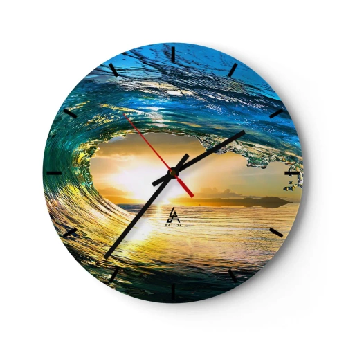 Wanduhr - Glasuhr - Meereswelle im Licht der untergehenden Sonne - 30x30cm - In einem smaragd-goldenen Kristall - Moderne Wanddekoration für Wohnzimmer, Küche und Schlafzimmer ARTTOR