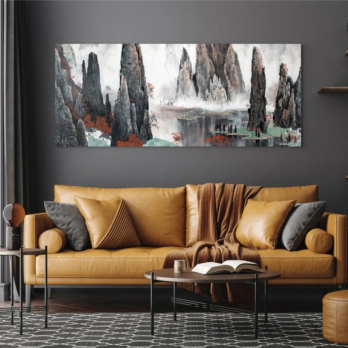 Glasbild - Bild auf glas - Malerische Felsen und Bäume in der nebligen chinesischen Landschaft - 120x50cm - Mächtige Wächter - Moderne Wanddekoration für Wohnzimmer und Schlafzimmer ARTTOR