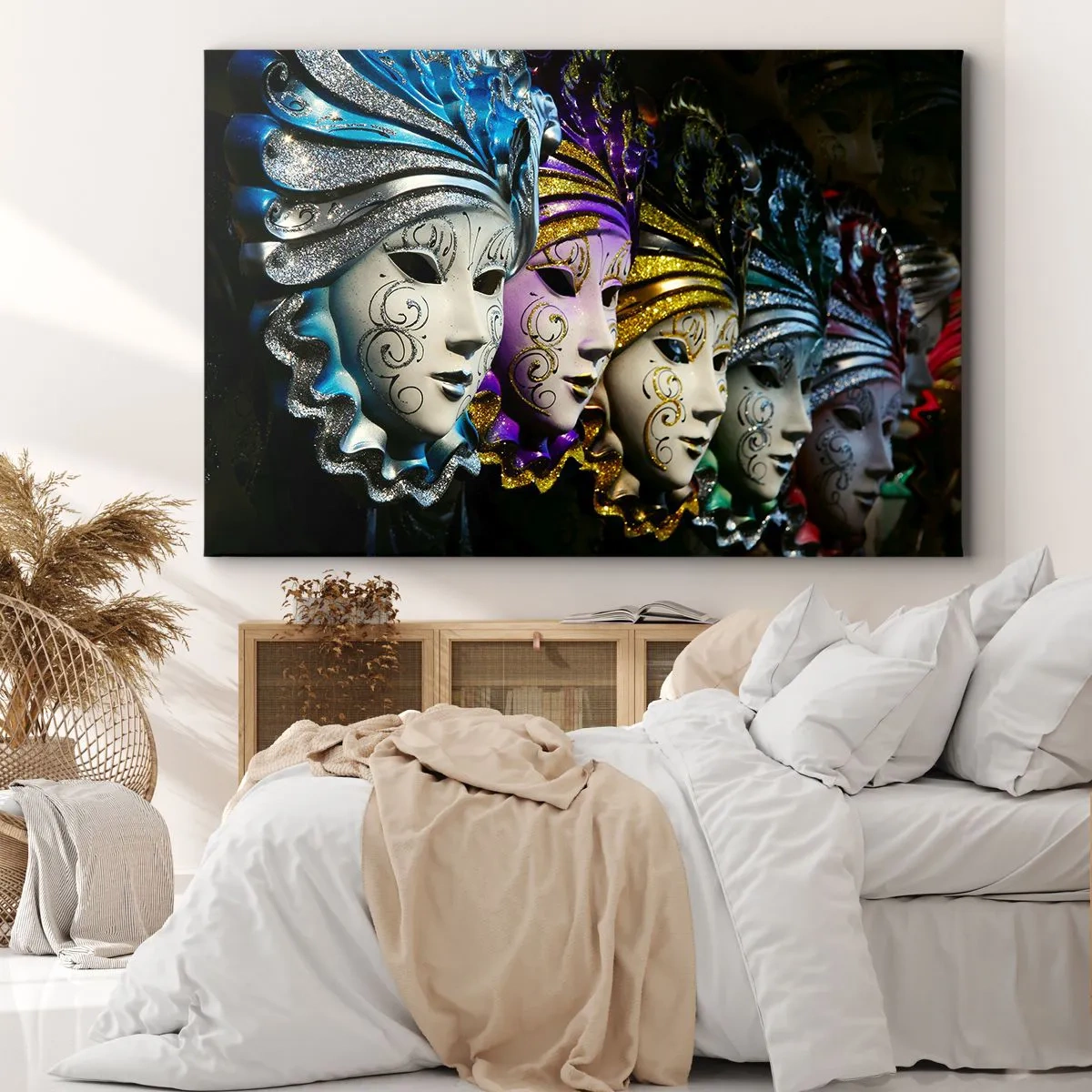 Bild auf Leinwand - Leinwandbild - Venezianische Masken in verschiedenen Farben mit dekorativen Mustern - 100x70cm - Geheimnis in Gold und Silber - Moderne Wanddekoration für Wohnzimmer und Schlafzimmer ARTTOR