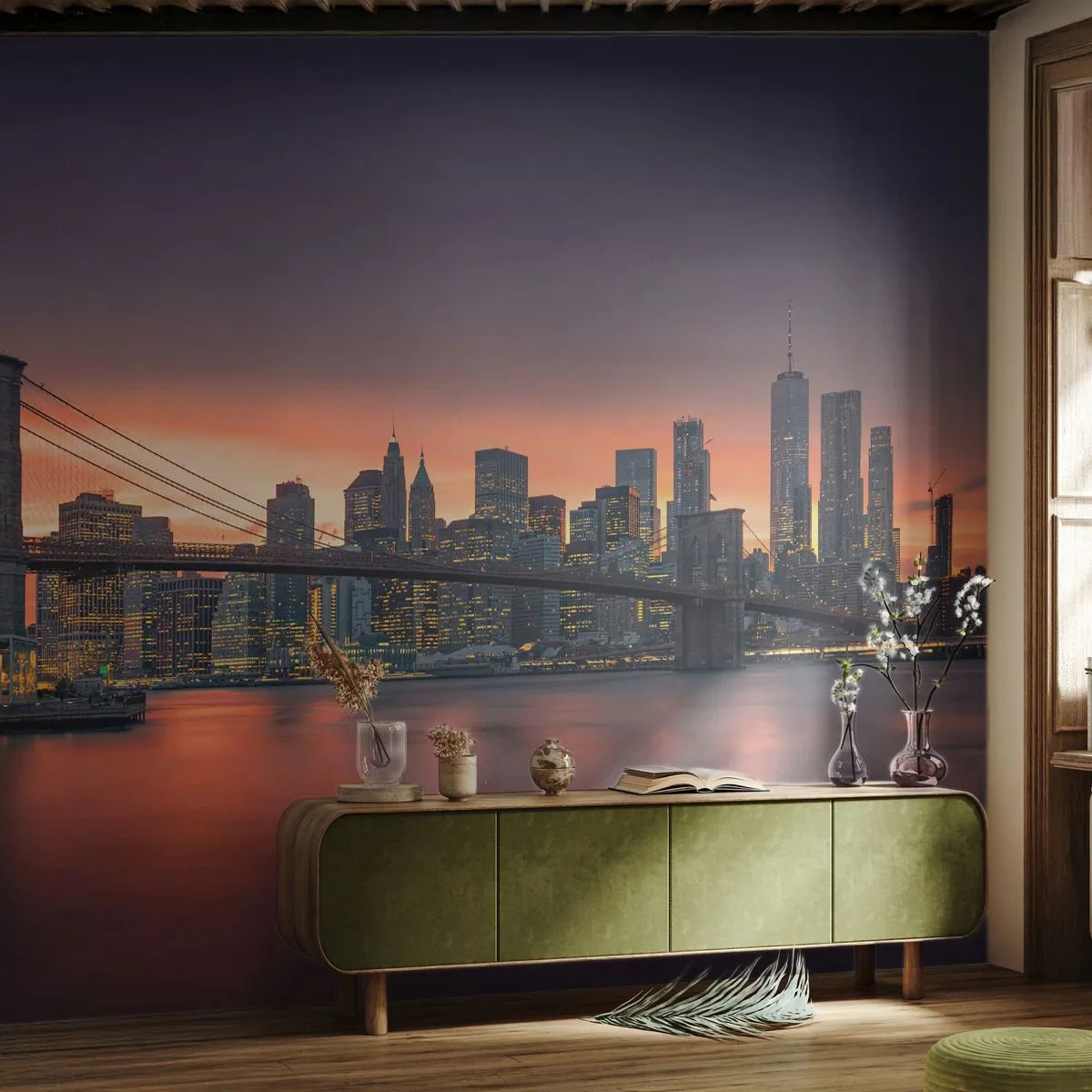 Fototapete Premium Sand - Eingetaucht in lila Stille - New York, Stadt, Brooklyn Brücke - 100x70 cm