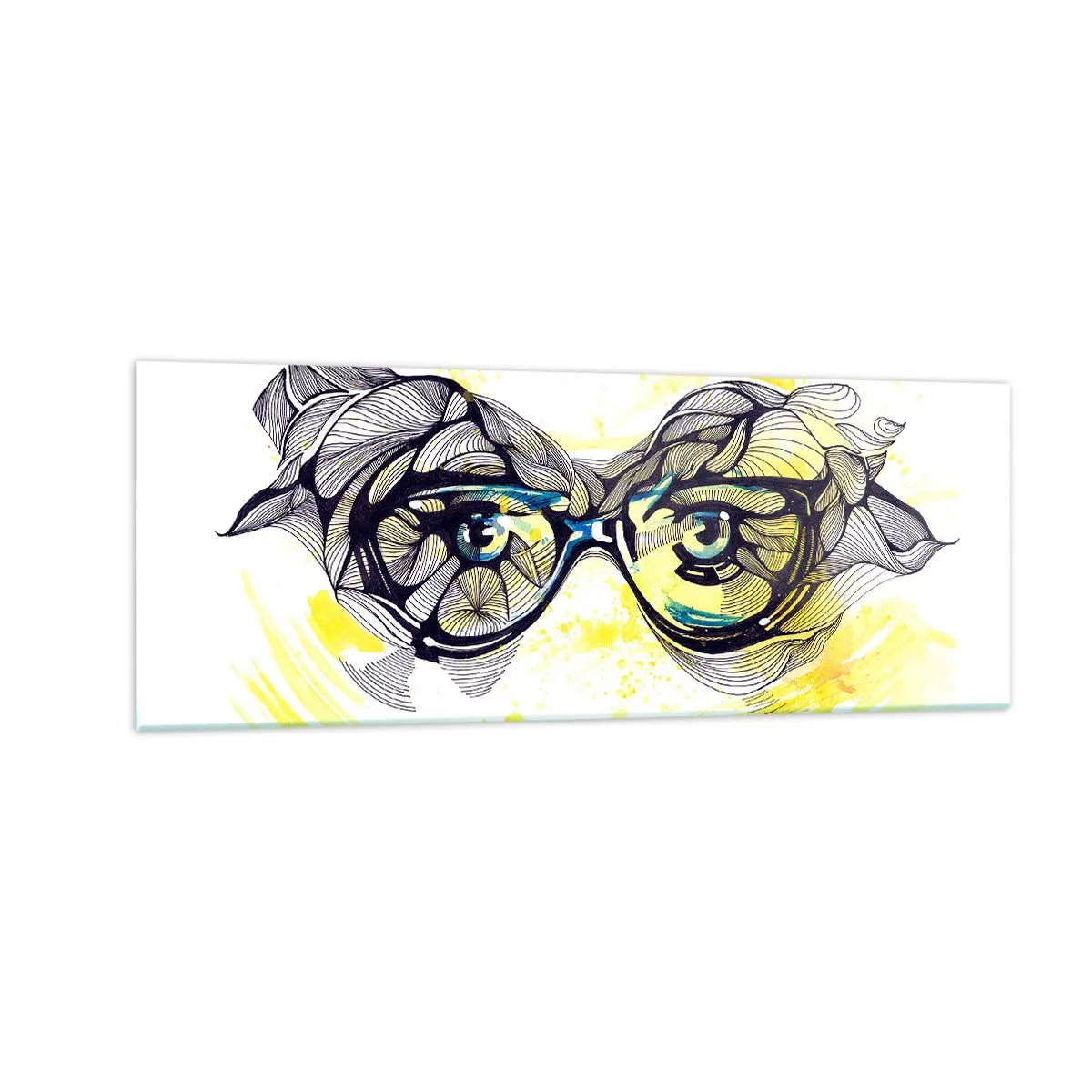 Glasbild - Bild auf glas - Künstlerische Grafik einer Brille mit ausdrucksstarken Augen - 140x50cm - Durch blaue Brille - Moderne Wanddekoration für Wohnzimmer und Schlafzimmer ARTTOR