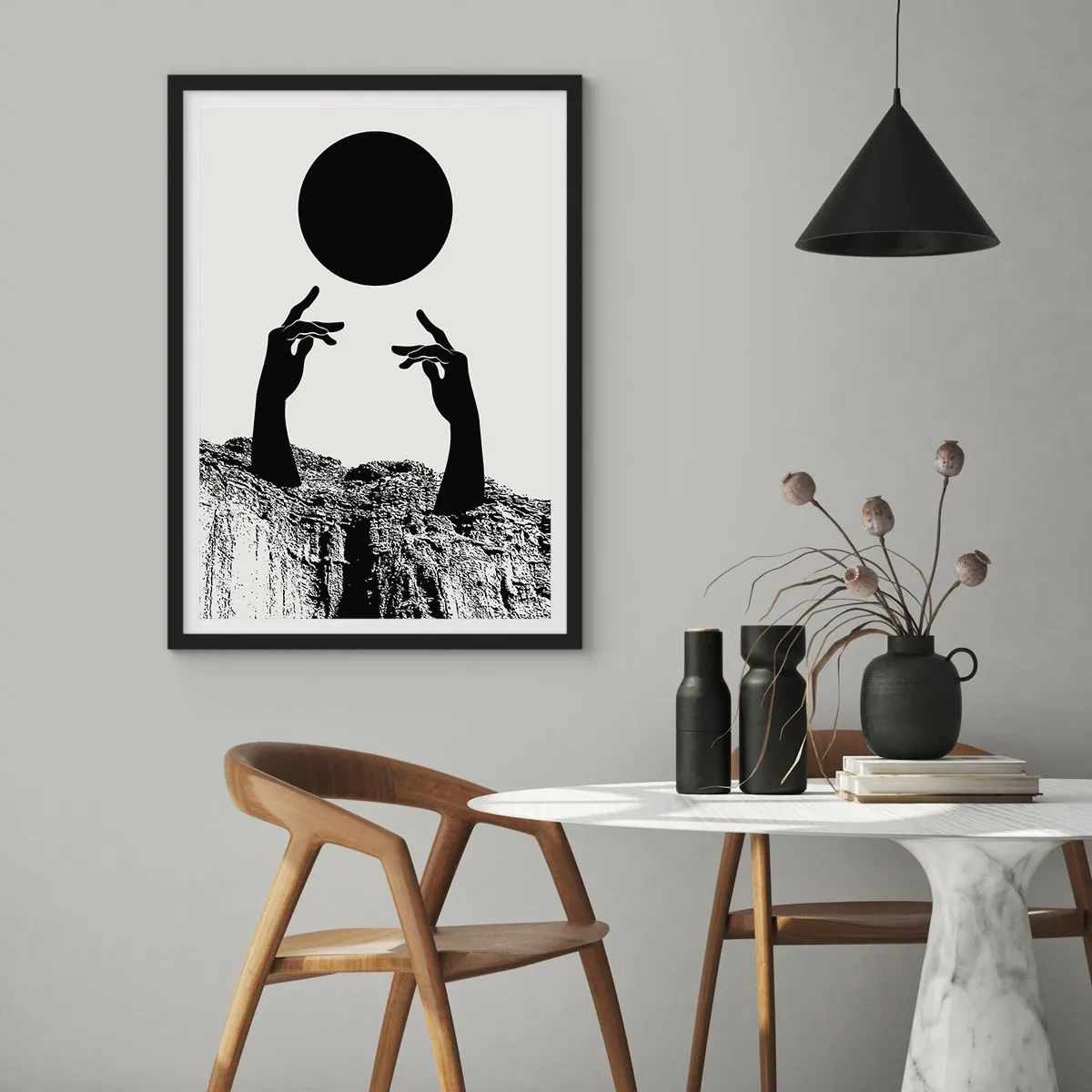 Poster in einem schwarzem Rahmen - Surrealistische Komposition: die Sonne und der Rest - 70x100 cm