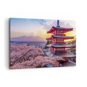 Bild auf Leinwand - Leinwandbild - Eine Pagode in Japan mit Kirschblüten und dem Berg Fuji - 100x70cm - Die Essenz des japanischen Geistes - Moderne Wanddekoration für Wohnzimmer und Schlafzimmer ARTTOR