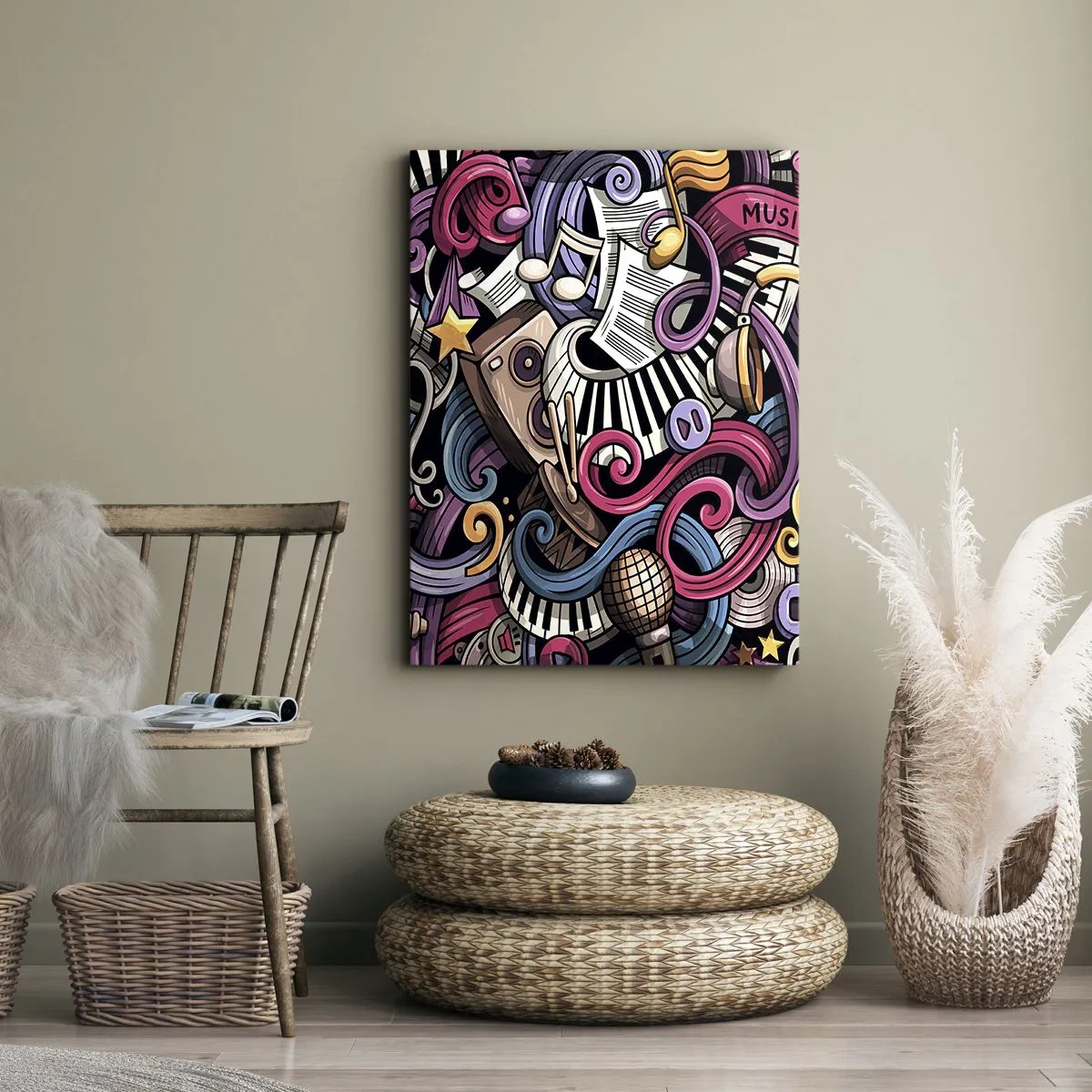 Bild auf Leinwand - Leinwandbild - Eine musikalische Abstraktion voller farbenfroher Instrumente und Noten. - 50x70cm - Komplizierte Melodie - Moderne Wanddekoration für Wohnzimmer und Schlafzimmer ARTTOR