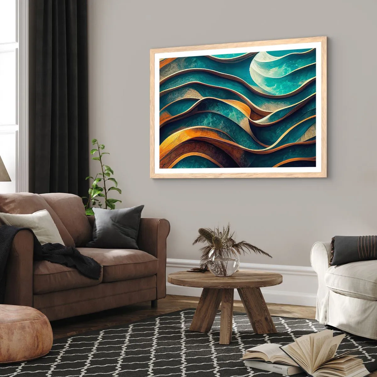 Poster in einem Rahmen aus heller Eiche - Blaue Mäander - 40x30 cm