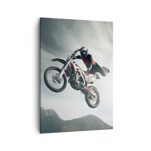 Bild auf Leinwand - Leinwandbild - Motorradfahrer in der Luft bei einem Sprung - 50x70cm - Kein Spaß ohne Risiko - Moderne Wanddekoration für Wohnzimmer und Schlafzimmer ARTTOR